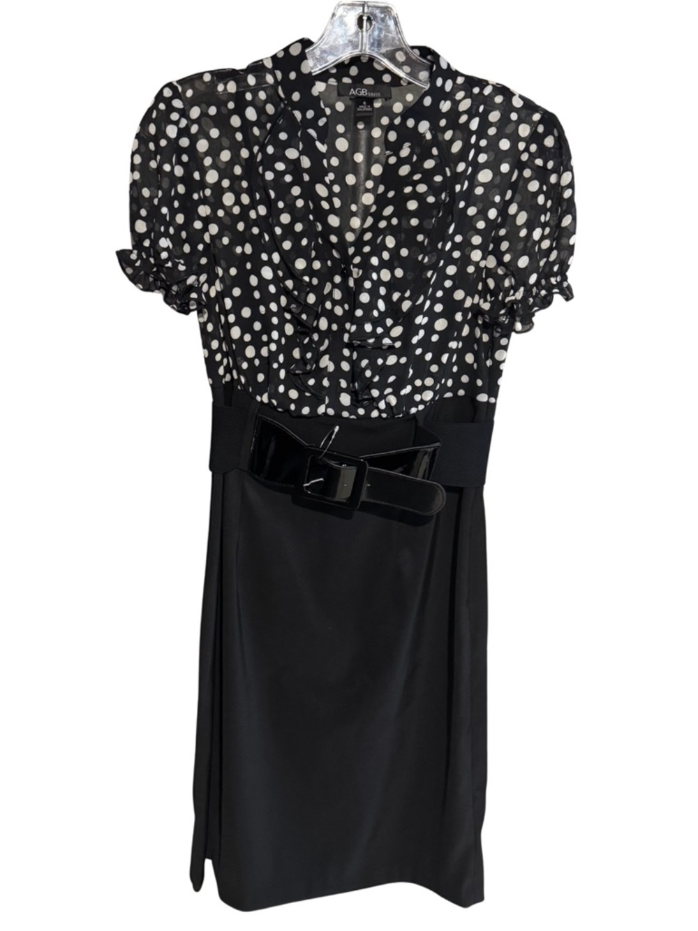 AGB Black Polka Dot Belted Dress Size 6 Coquette Polished Dainty Parisian